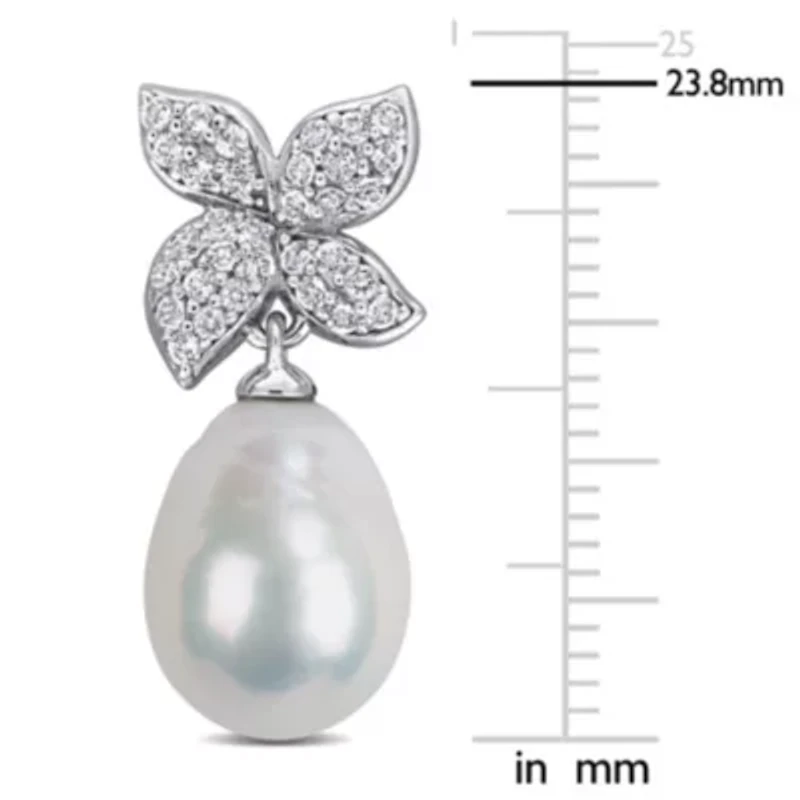 White Topaz & 9-10mm Freshwater Cultured Pearl Post Earrings in Sterling Silver