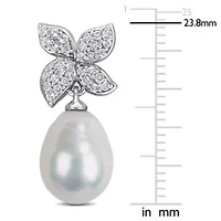White Topaz & 9-10mm Freshwater Cultured Pearl Post Earrings in Sterling Silver