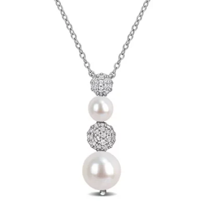 White Topaz & 5-8.5mm Freshwater Cultured Pearl Pendant With Chain in Sterling Silver, 18-in