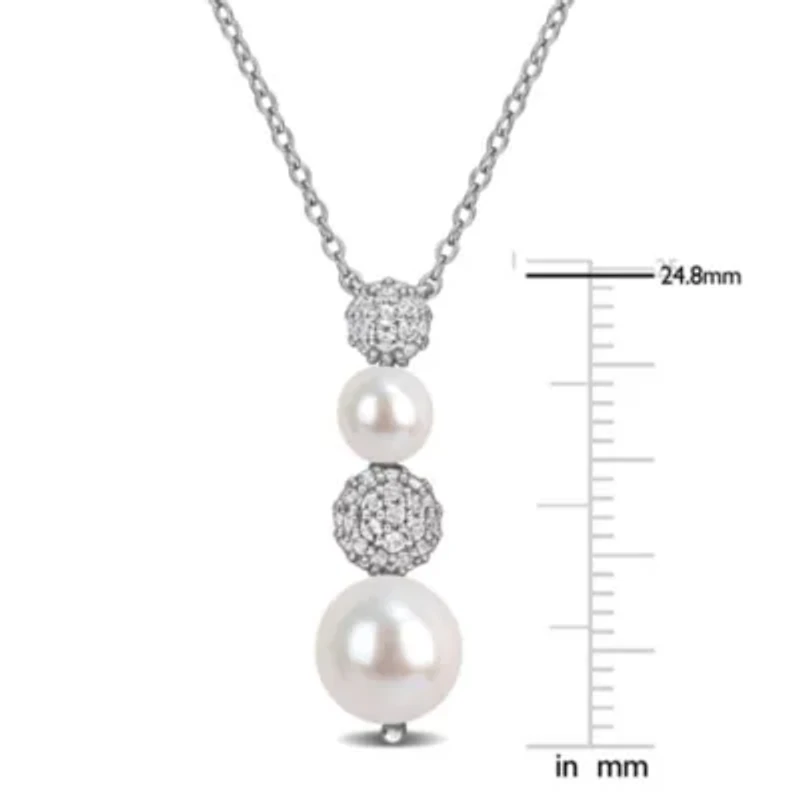 White Topaz & 5-8.5mm Freshwater Cultured Pearl Pendant With Chain in Sterling Silver, 18-in