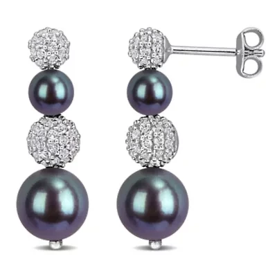 White Topaz & Black Freshwater Cultured Pearl Earrings in Sterling Silver