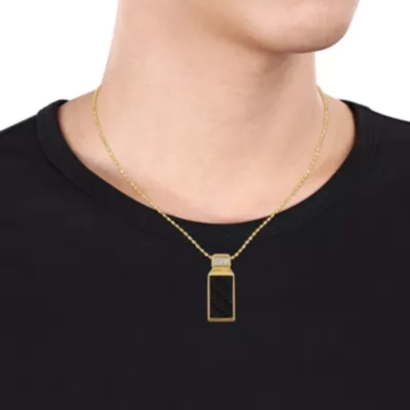 Carbon Fiber & Created White Sapphire Men's Drop Pendant with Chain in Yellow Plated Sterling Silver