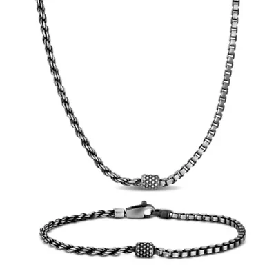 Half Rope & Box Men's Necklace and Bracelet Set in Sterling Silver