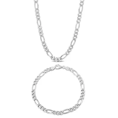 Men's 5.5mm Figaro Link Chain Necklace and Bracelet Set in Sterling Silver