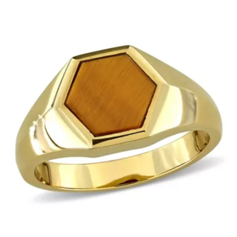 Tiger Eye Men's Ring Yellow Plated Sterling Silver
