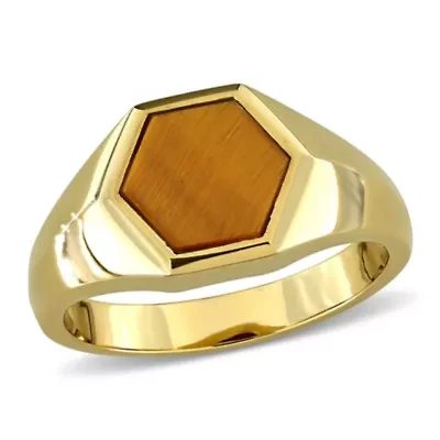 Tiger Eye Men's Ring Yellow Plated Sterling Silver