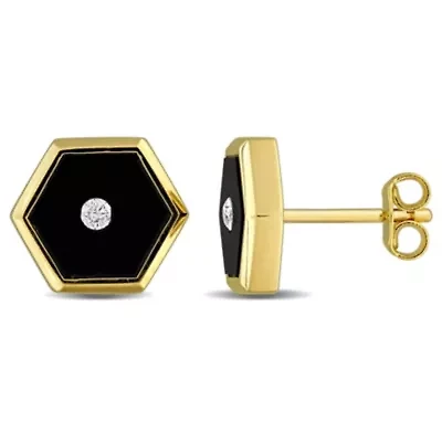 Black Onyx Men's Post Earrings in Yellow Plated Sterling Silver