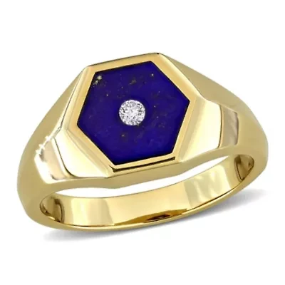 Diamond & Lapis Men's Ring Yellow Plated Sterling Silver
