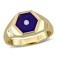 Diamond & Lapis Men's Ring Yellow Plated Sterling Silver