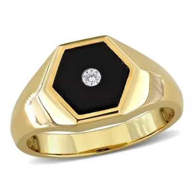 Diamond & Black Onyx Ring Yellow Plated Sterling Silver