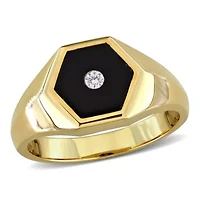 Diamond & Black Onyx Ring Yellow Plated Sterling Silver