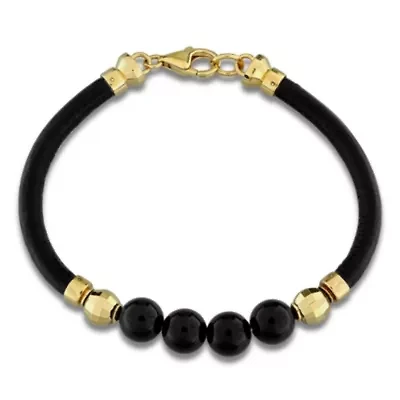 Black Onyx Men's Bracelet in Black Leather & Yellow Plated Sterling Silver