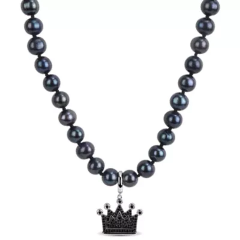Black Diamond & 7–7.5mm Black Freshwater Cultured Pearl Men's Necklace in Sterling Silver