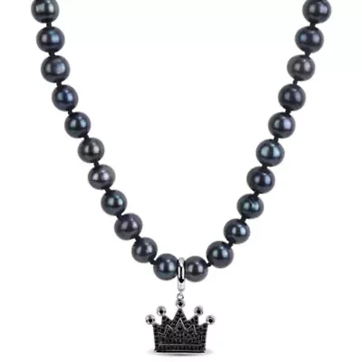 Black Diamond & 7–7.5mm Black Freshwater Cultured Pearl Men's Necklace in Sterling Silver