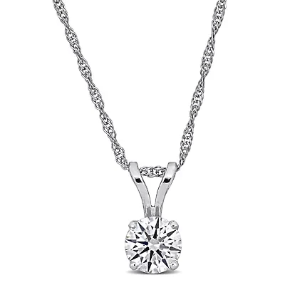 Lab Created Lab Grown Diamond Solitaire Pendant with chain in 14K White Gold, 18"