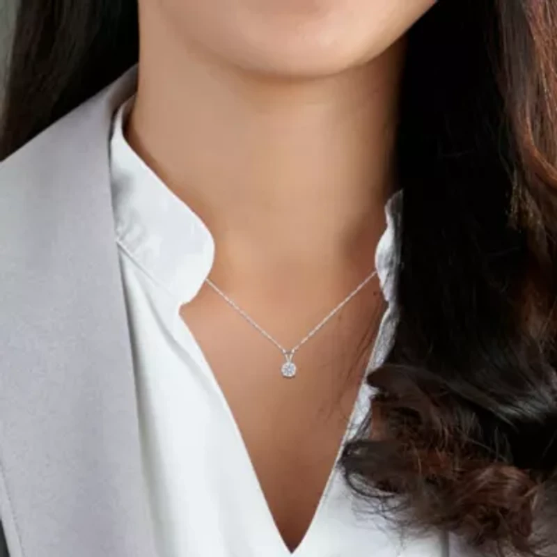 Lab Created Lab Grown Diamond Solitaire Pendant with chain in 14K White Gold, 18"