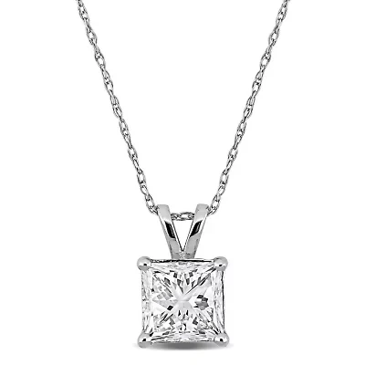 Lab Created Lab Grown Diamond Solitaire Pendant With Chain in 14k White Gold, 17"