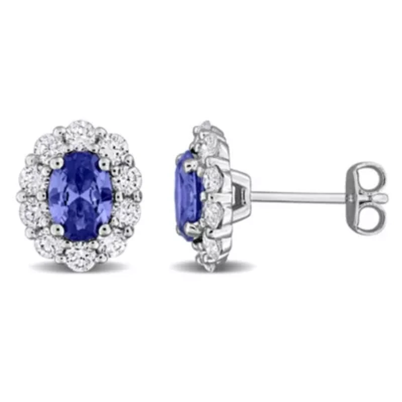 Lab Created Lab Grown Diamond & Created Blue sapphire Stud Post Earrings in Sterling Silver