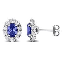 Lab Created Lab Grown Diamond & Created Blue sapphire Stud Post Earrings in Sterling Silver
