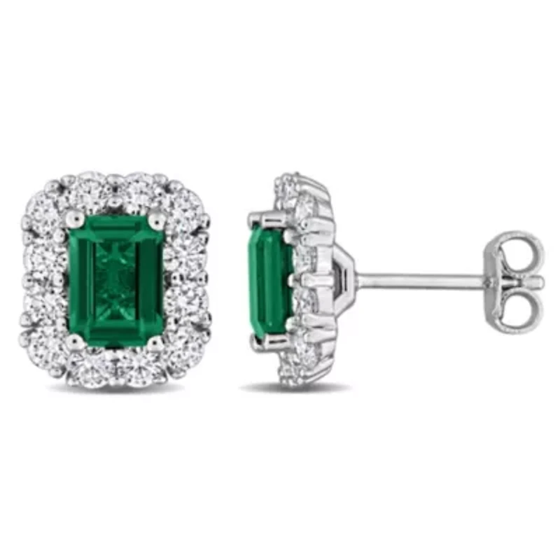 Lab Created Lab Grown Diamond & Created Emerald Stud Post Earrings in Sterling Silver
