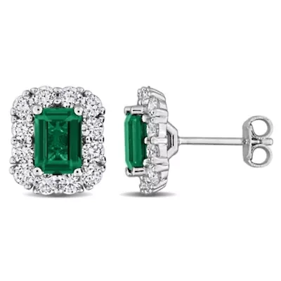 Lab Created Lab Grown Diamond & Created Emerald Stud Post Earrings in Sterling Silver
