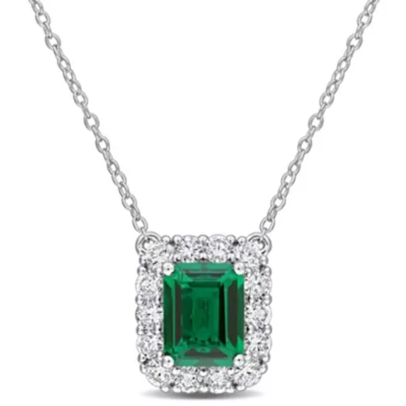 Lab Created Lab Grown Diamond & Created Emerald Pendant With Chain in Sterling Silver, 17"