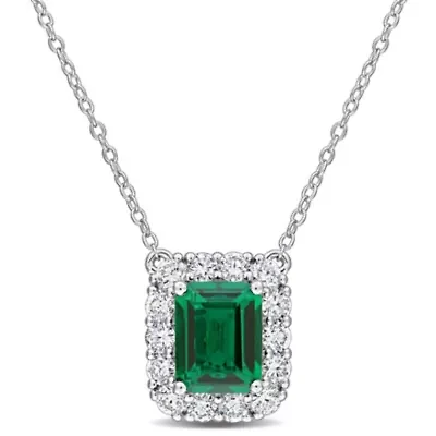 Lab Created Lab Grown Diamond & Created Emerald Pendant With Chain in Sterling Silver, 17"