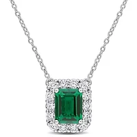 Lab Created Lab Grown Diamond & Created Emerald Pendant With Chain in Sterling Silver, 17"