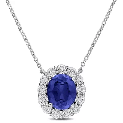 Lab Created Lab Grown Diamond & Created Blue sapphire Pendant With Chain in Sterling Silver, 17"