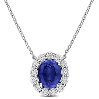 Lab Created Lab Grown Diamond & Created Blue sapphire Pendant With Chain in Sterling Silver, 17"