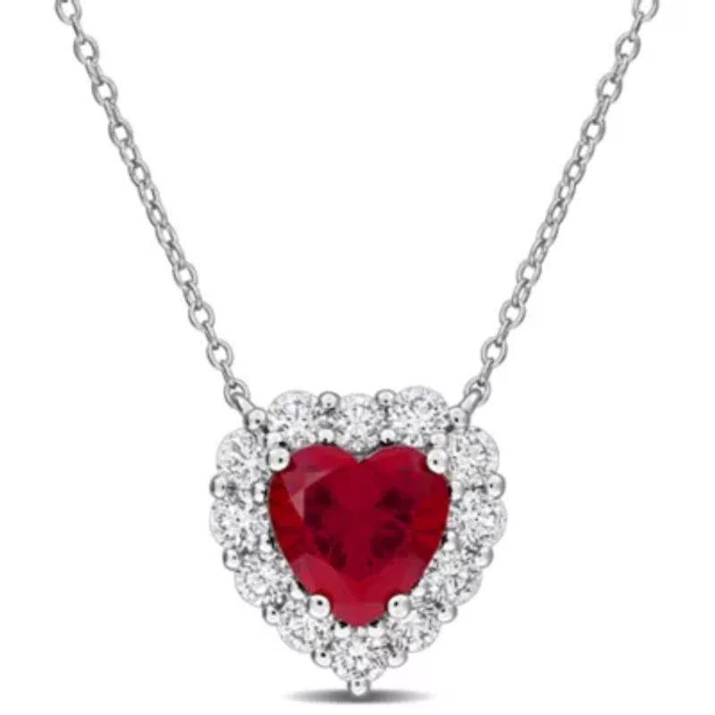 Lab Created Lab Grown Diamond & Created Ruby Pendant With Chain in Sterling Silver, 17"