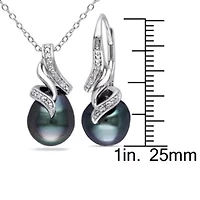 2 Piece Set of Diamond & 9-9.5 MM Black Tahitian Cultured Pearl Pendant with Chain & Earrings in Sterling Silver, 18"