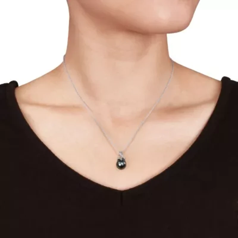 2 Piece Set of Diamond & 9-9.5 MM Black Tahitian Cultured Pearl Pendant with Chain & Earrings in Sterling Silver, 18"