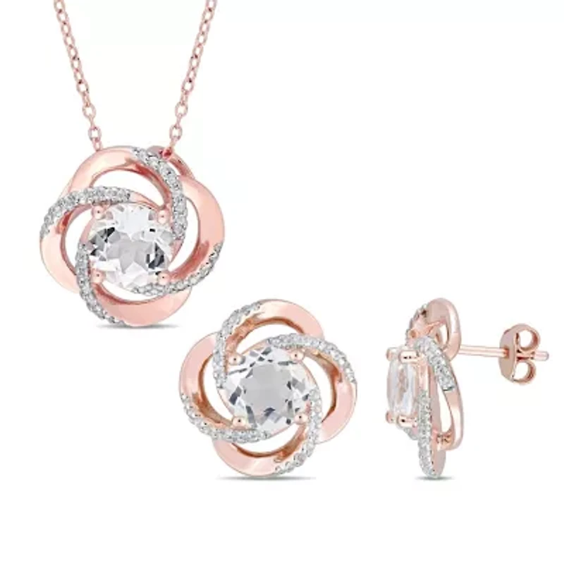 2 Piece Set of White Topaz Earrings & Pendant With Chain in Rose Plated Sterling Silver, 18"