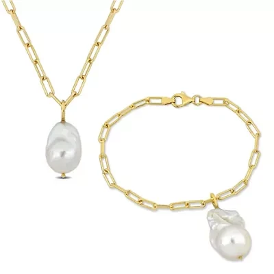 2 Piece Set of 13-14mm Freshwater Cultured Pearl Necklace & Bracelet in 18K Yellow Plated Gold, 18" & 7.5"