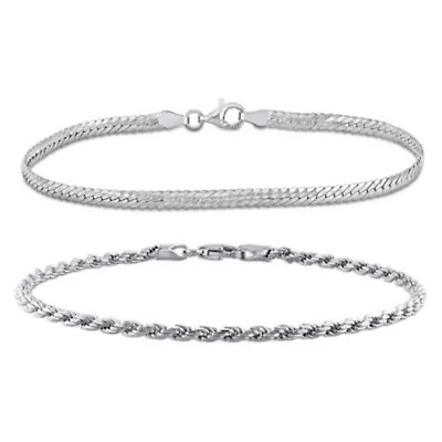 2 Piece Set of Herringbone & Rope Bracelets in Sterling Silver, 7.5"