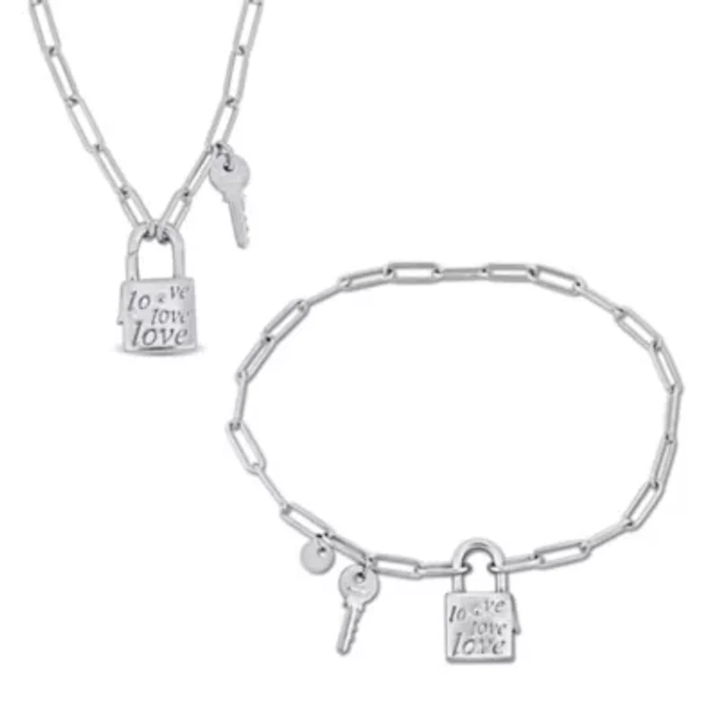 2 Piece Set of Paper Clip Link Charm Lock & Key Clasp Necklace & Bracelet in Sterling Silver, 20" & 7.5"