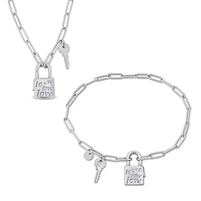 2 Piece Set of Paper Clip Link Charm Lock & Key Clasp Necklace & Bracelet in Sterling Silver, 20" & 7.5"