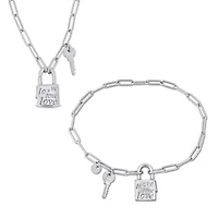 2 Piece Set of Paper Clip Link Charm Lock & Key Clasp Necklace & Bracelet in Sterling Silver, 20" & 7.5"