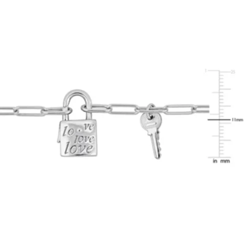 2 Piece Set of Paper Clip Link Charm Lock & Key Clasp Necklace & Bracelet in Sterling Silver, 20" & 7.5"