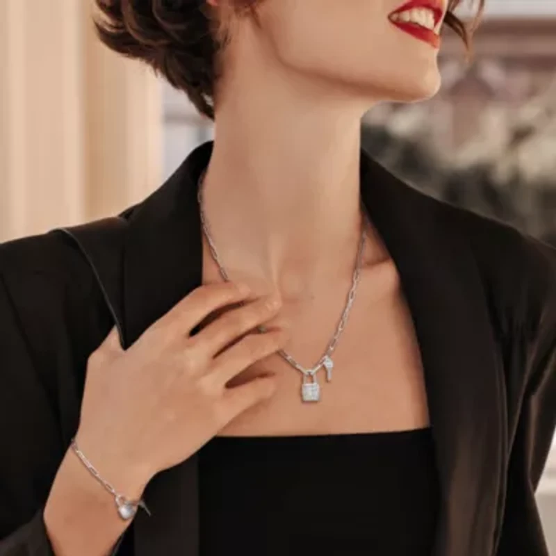 2 Piece Set of Paper Clip Link Charm Lock & Key Clasp Necklace & Bracelet in Sterling Silver, 20" & 7.5"