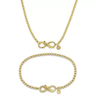 2 Piece Set of Ball Link Infinity Clasp Necklace & Bracelet in Yellow Plated Sterling Silver, 18" & 7.5"