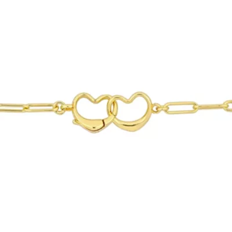 2 Piece Set of Paper Clip Link Double Heart Clasp Necklace & Bracelet in Yellow Plated Sterling Silver, 18" & 7.5"