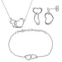 3 Piece Set of Double Heart Charm Necklace Earrings & Bracelet in Sterling Silver, 16.5"+1"Ext. & 7"+1"Ext.