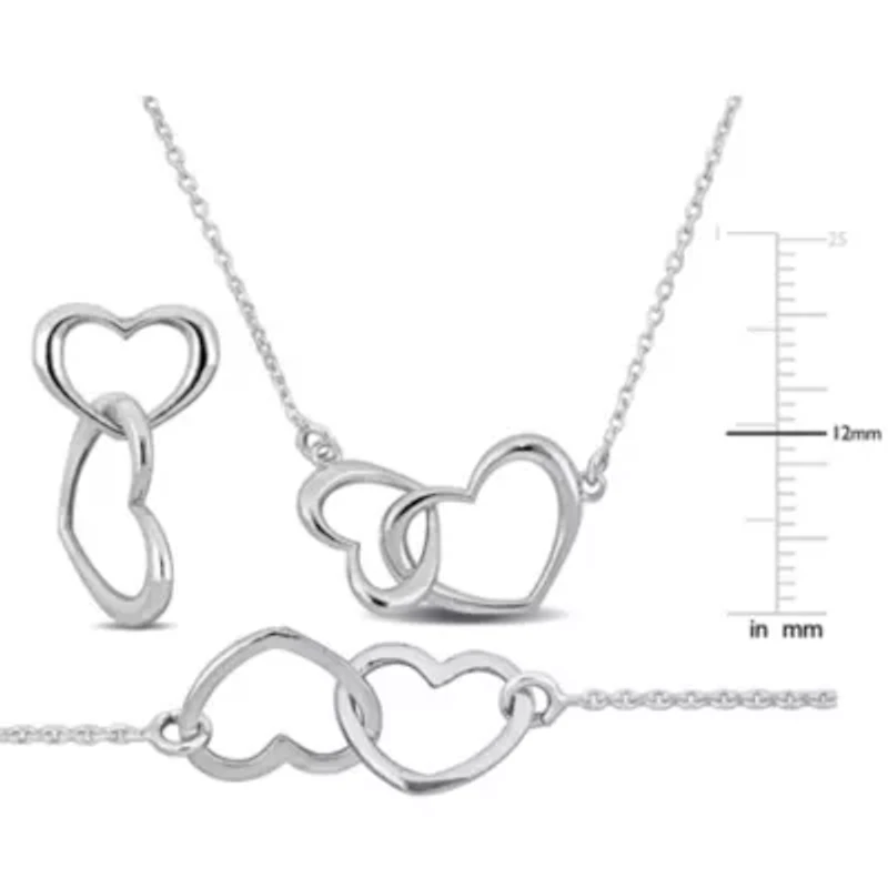 3 Piece Set of Double Heart Charm Necklace Earrings & Bracelet in Sterling Silver, 16.5"+1"Ext. & 7"+1"Ext.