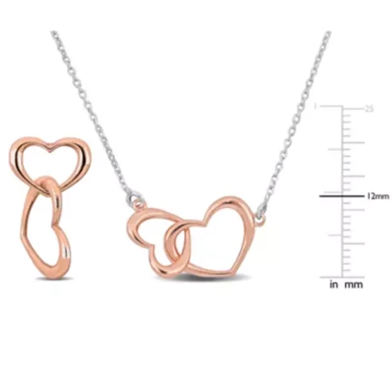 2 Piece Set of Double Heart Charm Earrings & Necklace in Rose & White Plated Sterling Silver - 16.5"+1" Ext.