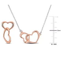 2 Piece Set of Double Heart Charm Earrings & Necklace in Rose & White Plated Sterling Silver - 16.5"+1" Ext.