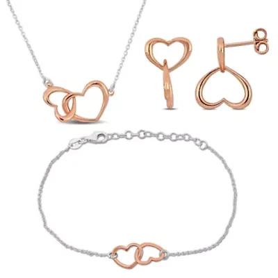 3 Piece Set of Double Heart Charm Necklace, Earrings & Bracelet in Rose & White Plated Sterling Silver, 16.5"+1" Ext. & 7"+1" Ext.