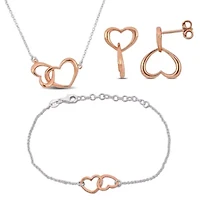 3 Piece Set of Double Heart Charm Necklace, Earrings & Bracelet in Rose & White Plated Sterling Silver, 16.5"+1" Ext. & 7"+1" Ext.