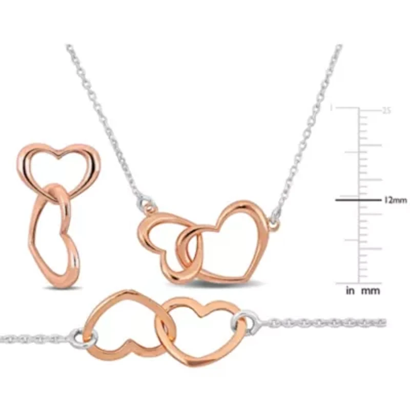 3 Piece Set of Double Heart Charm Necklace, Earrings & Bracelet in Rose & White Plated Sterling Silver, 16.5"+1" Ext. & 7"+1" Ext.